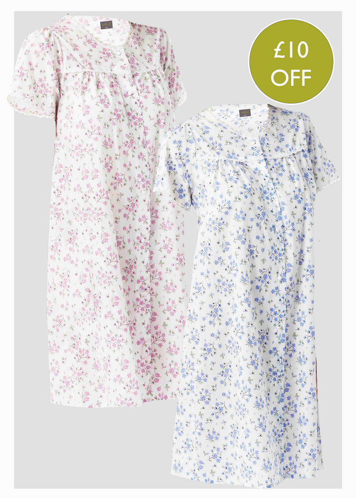 2 Pack Floral Front Opening Short Sleeve Velcro Nightdresses - The Able Label