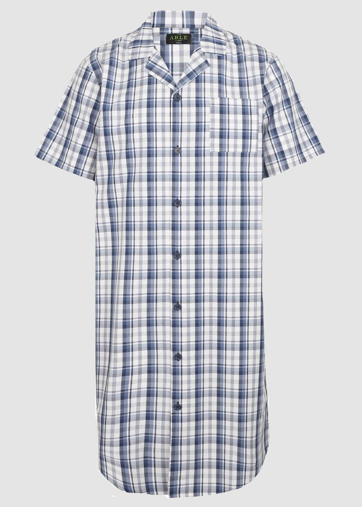 Andrew Cotton Short Sleeve Front Opening Velcro Blue White Check Nightshirt - The Able Label