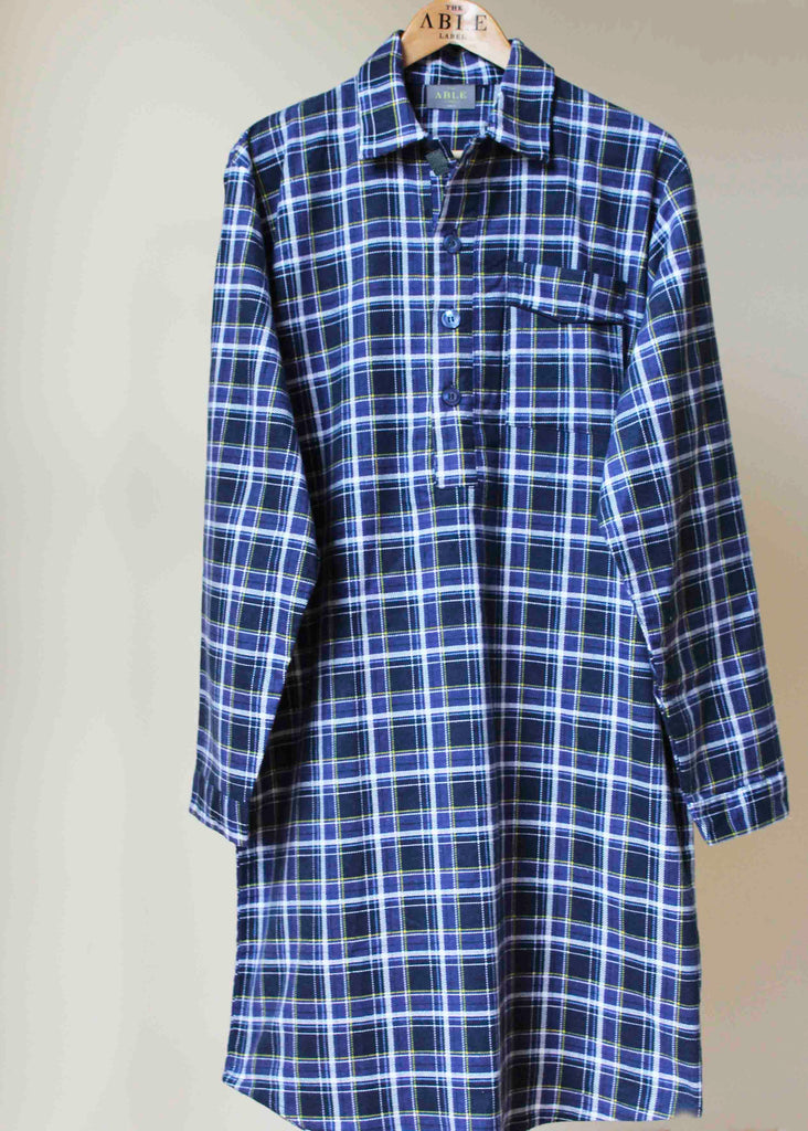 Anthony Brushed Cotton Check Long Sleeve Half Placket Velcro Nightshirt - The Able Label