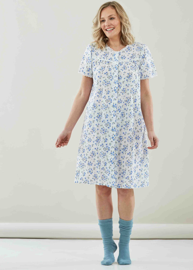 Jenny Blue Floral Front Opening Short Sleeve Velcro Nightdress with Blue Anna Socks seaspray - The Able Label