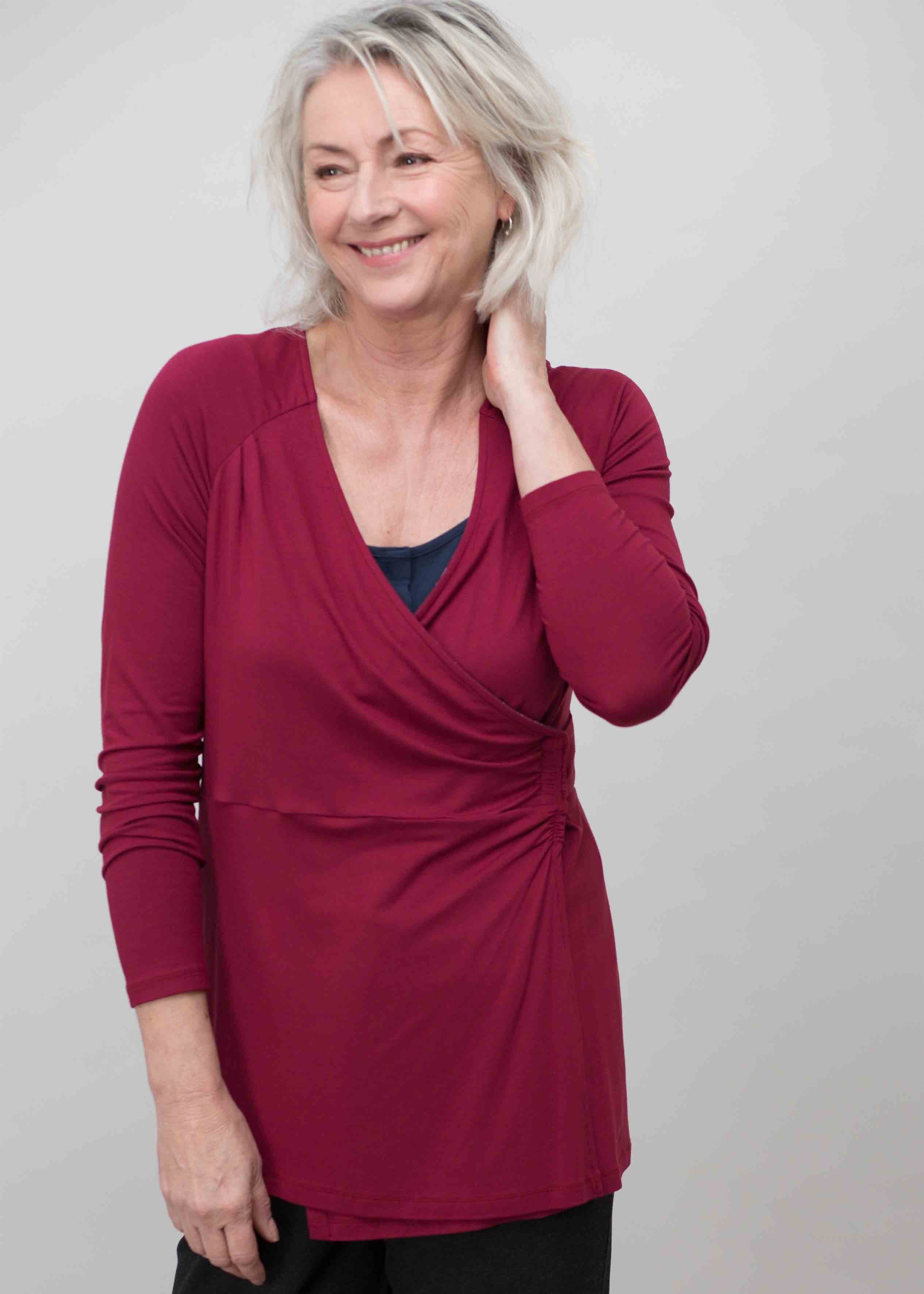 Linda Jersey Long Sleeve Velcro Wrap Top - Dragon Red