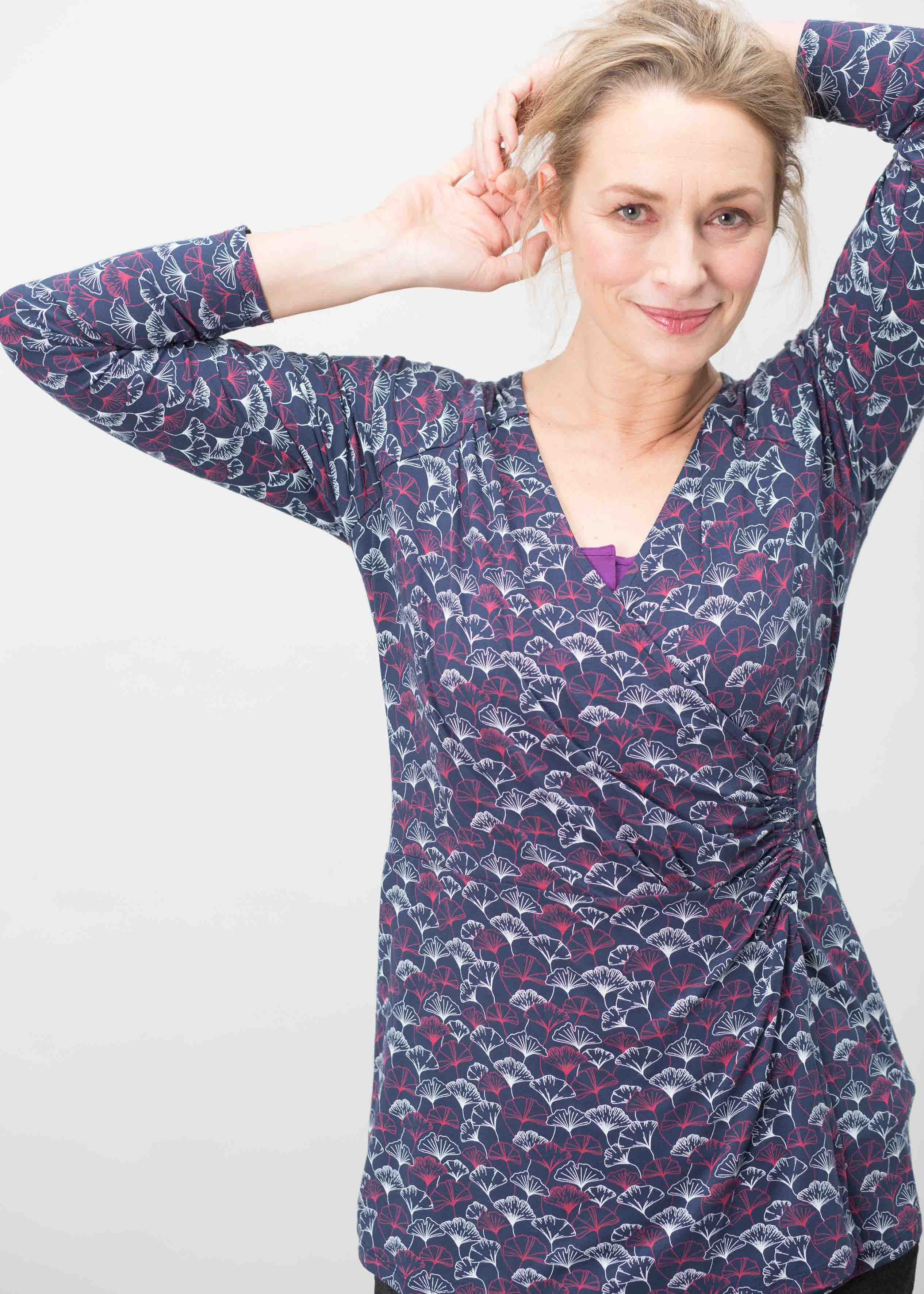 Linda Jersey Long Sleeve Velcro Wrap Top - Gingko Print Navy
