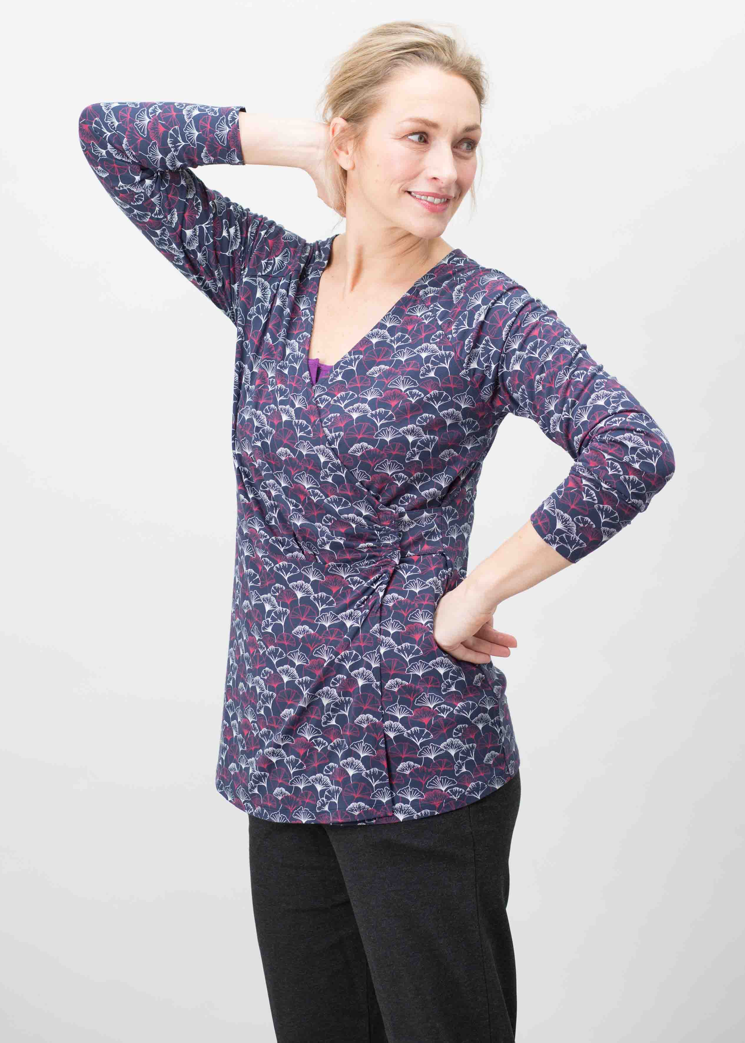 Linda Jersey Long Sleeve Velcro Wrap Top - Gingko Print Navy