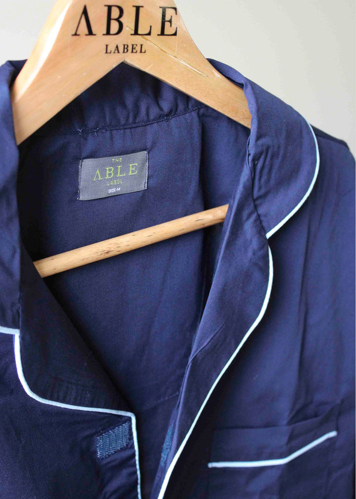 Maxwell Easy Care Velcro Shirt Pull On Bottoms PJ Set Navy Fastening - The Able Label