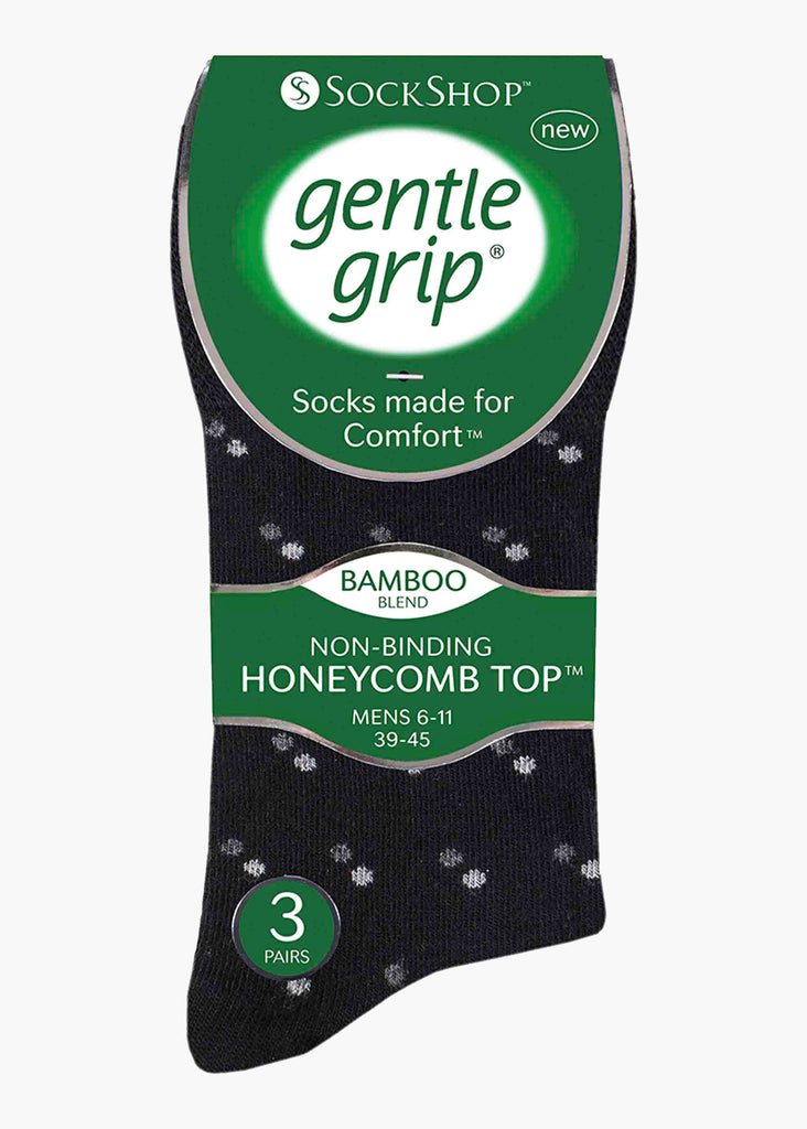 Bamboo Mens Gentle Grip Black Patterned Socks 3 Pair Pack Packaging - The Able Label