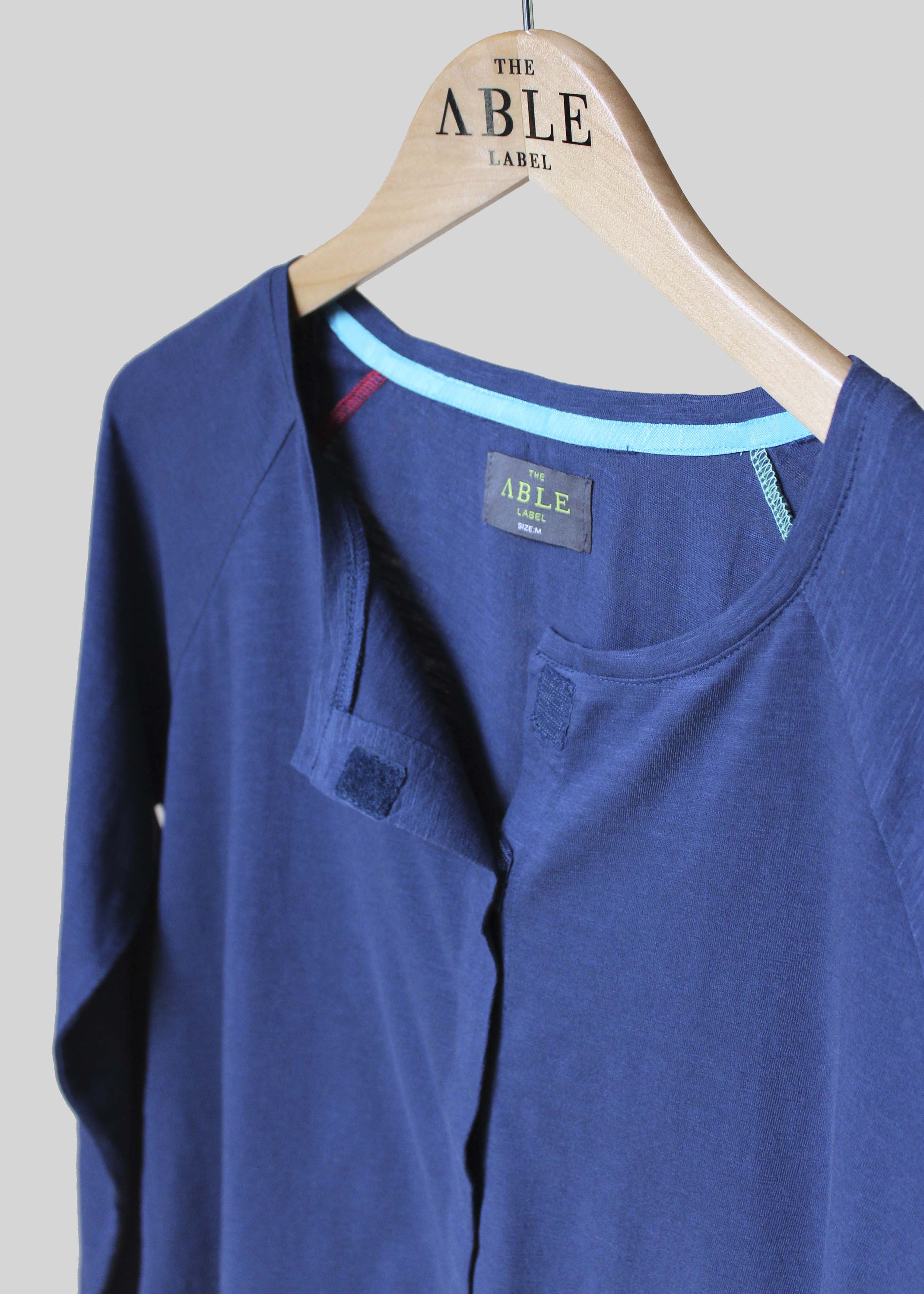 Navy Cotton Jersey Long Sleeve Front Opening Velcro Tee - The Able Label