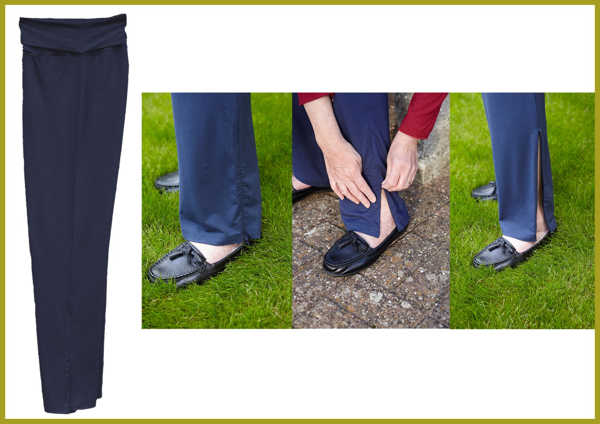 Frankie easy dress trouser, elasticated waist, zip at hem, easier access