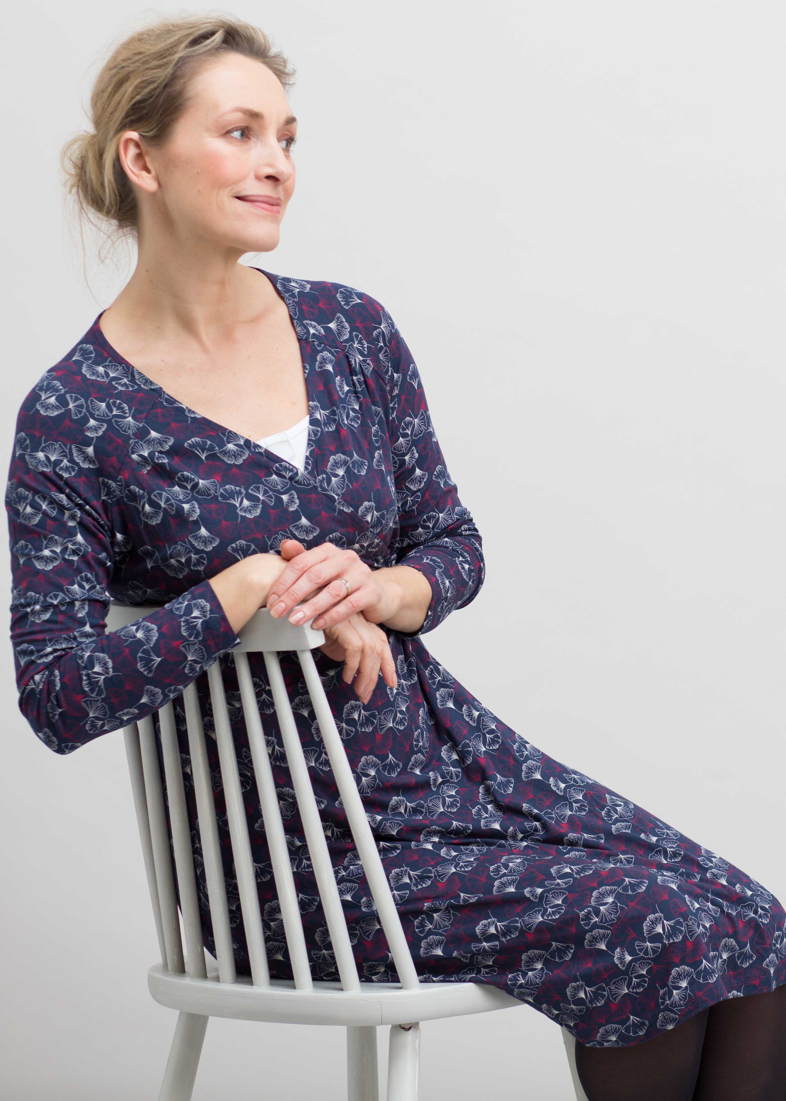 Plus size navy wrap dress with all over gingko print