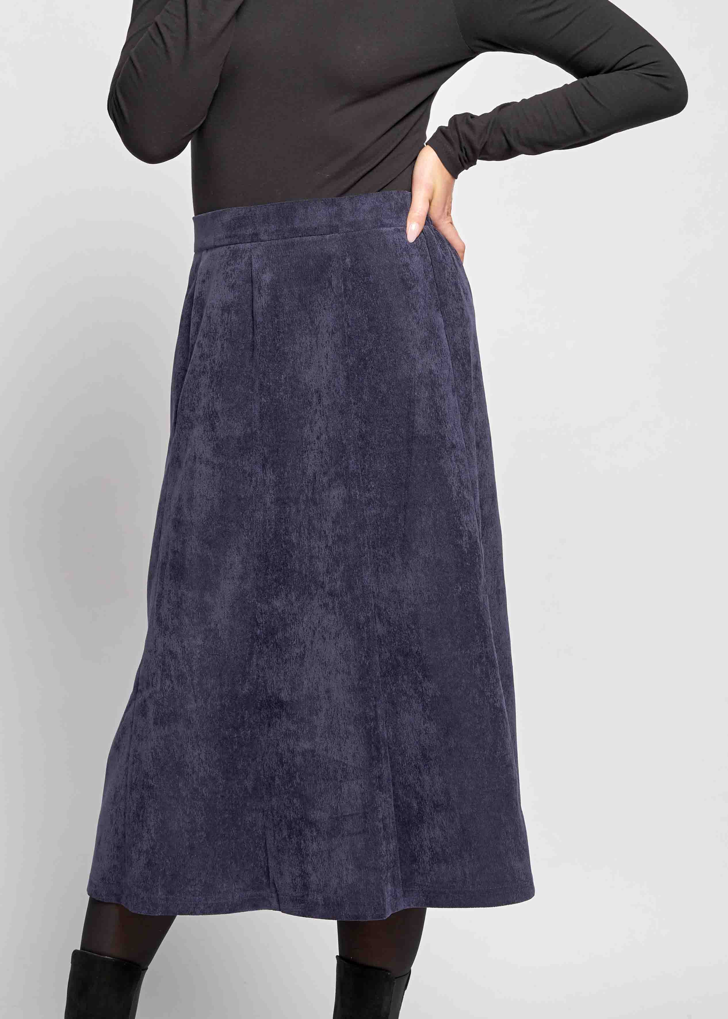 Connie Corduroy Pull On Midi Skirt A Line Navy Pull On Skirt
