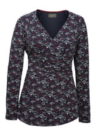 Linda Jersey Long Sleeve Velcro Wrap Top - Gingko Print Navy