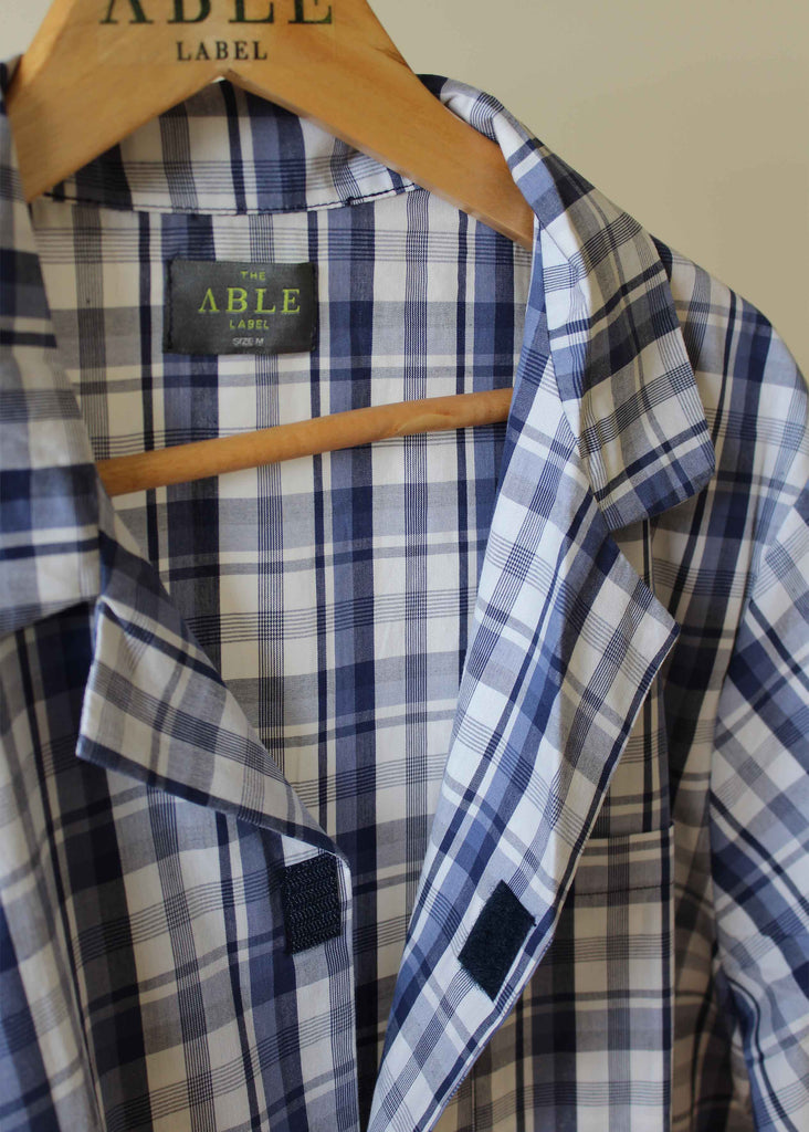 Andrew Cotton Short Sleeve Front Opening Velcro Blue White Check Nightshirt Fastening - The Able Label