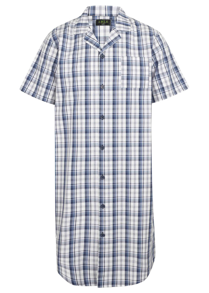 Andrew Cotton Short Sleeve Front Opening Velcro Blue White Check Nightshirt - The Able Label