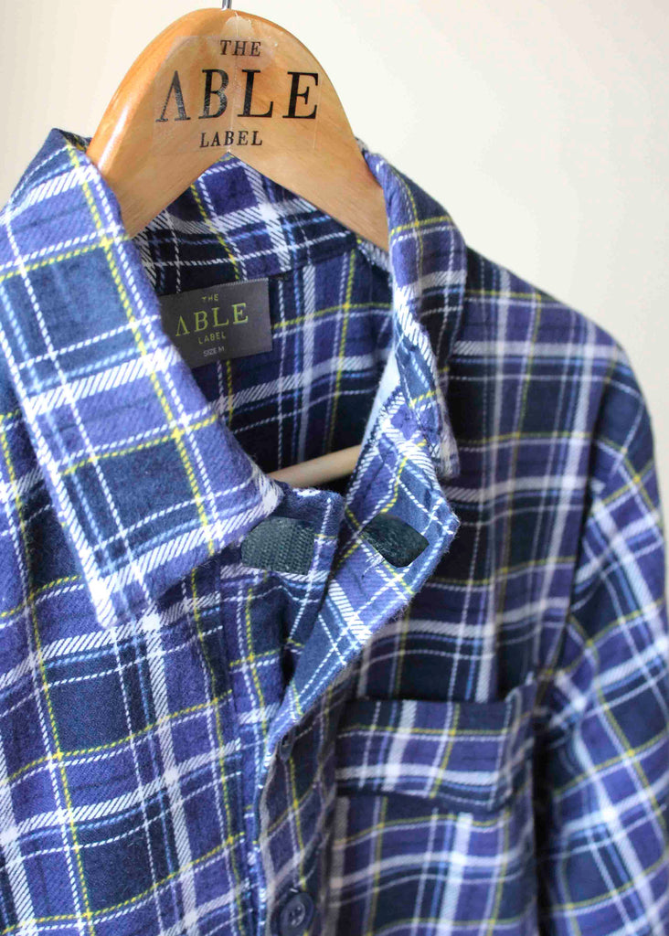 Anthony Brushed Cotton Long Sleeve Half Placket Velcro Nightshirt Close up hanger - The Able Label