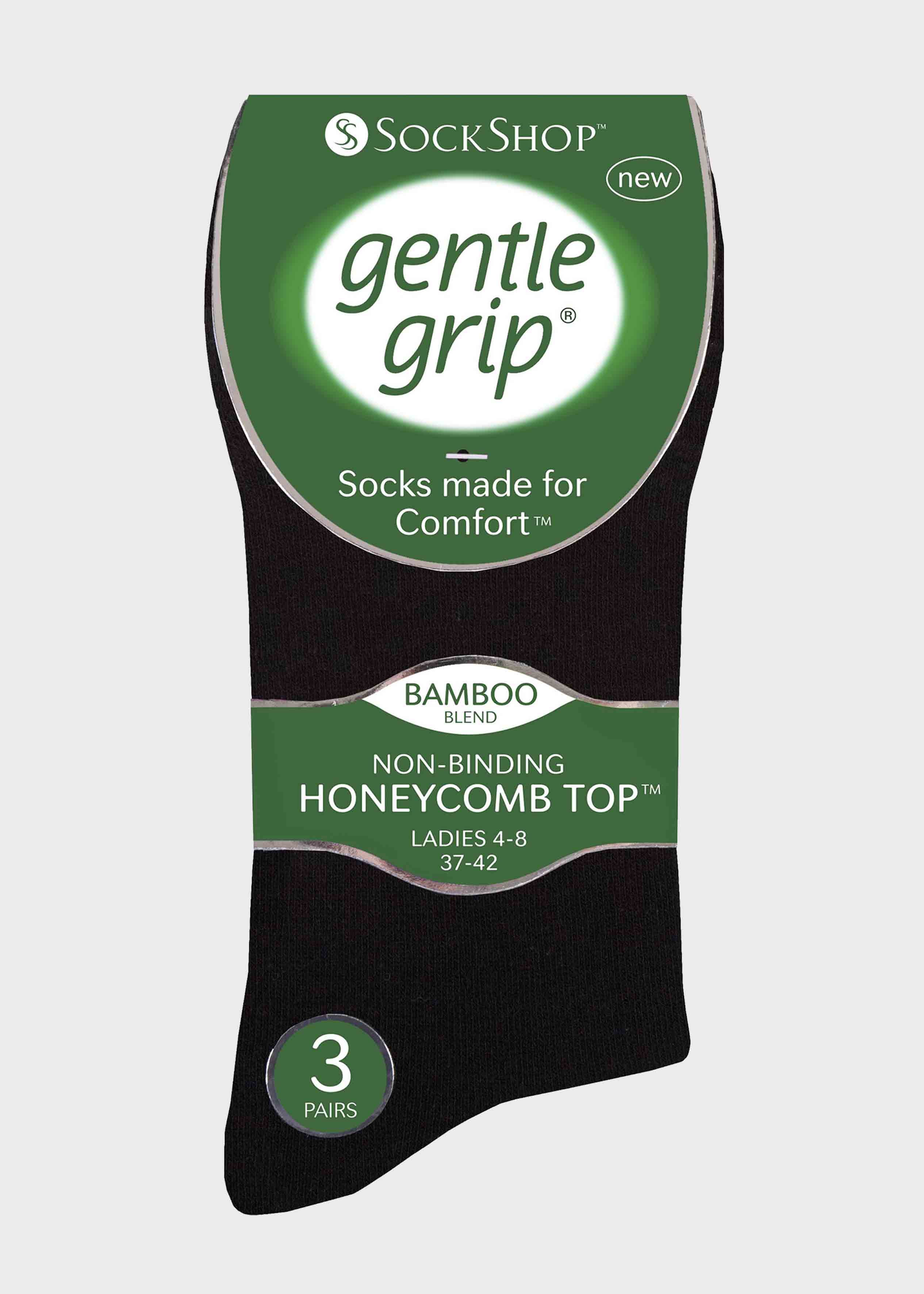 Bamboo Ladies Gentle Grip Black Socks 3 Pair Pack Packaging - The Able Label