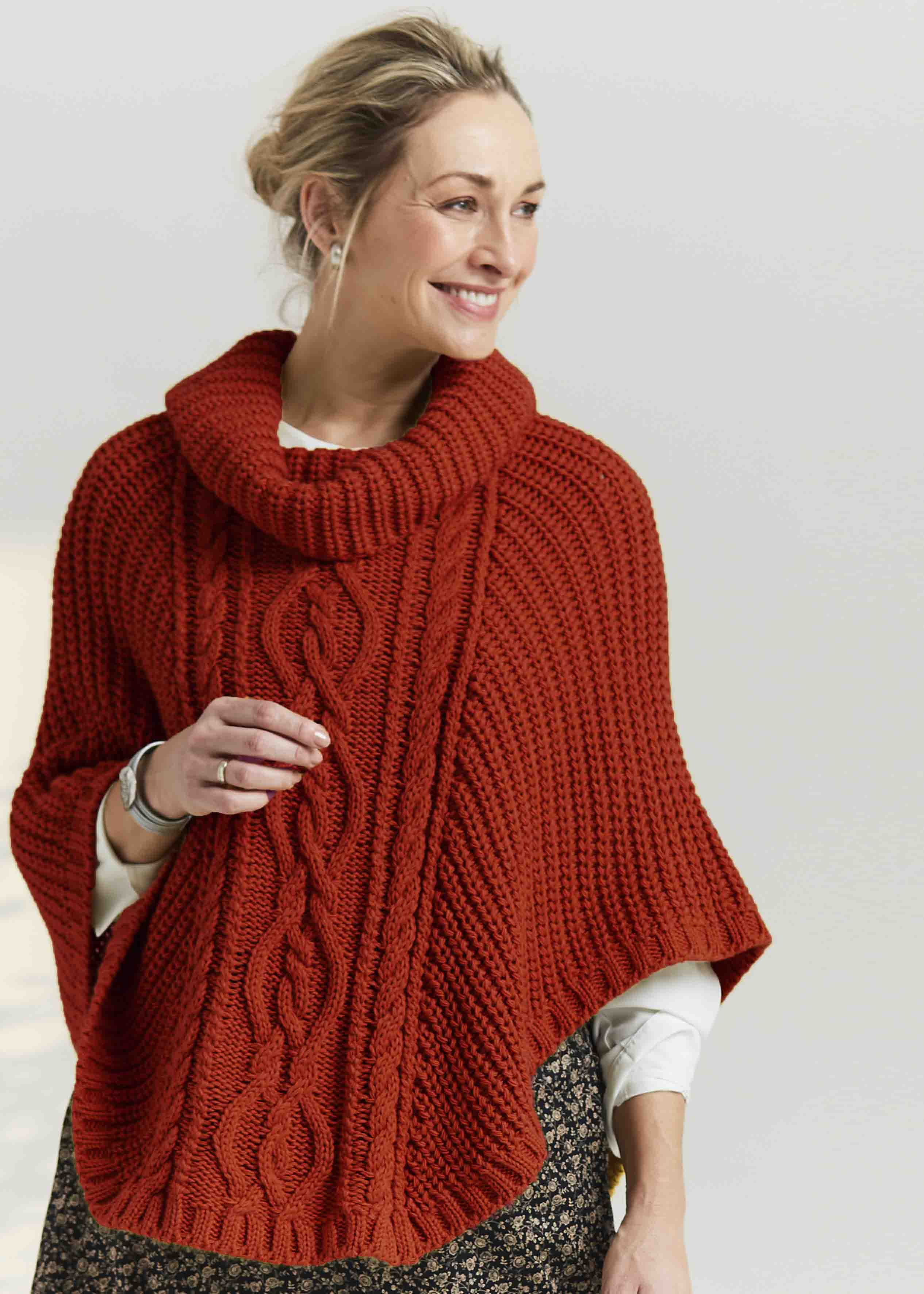 Blanche Cable Knit Poncho, Roll Neck, Burnt Orange