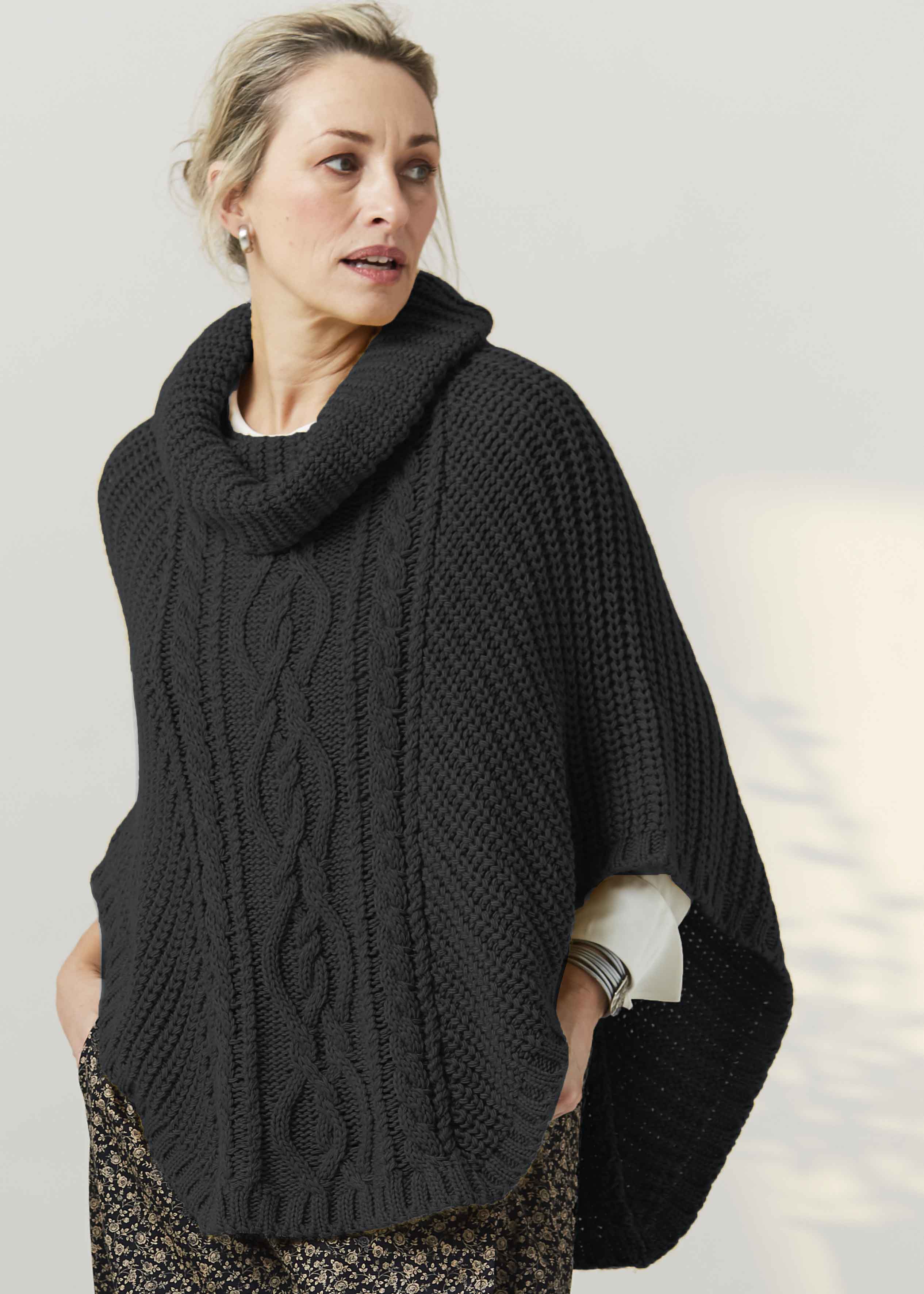 Blanche Cable Knit Poncho, Roll Neck, Grey