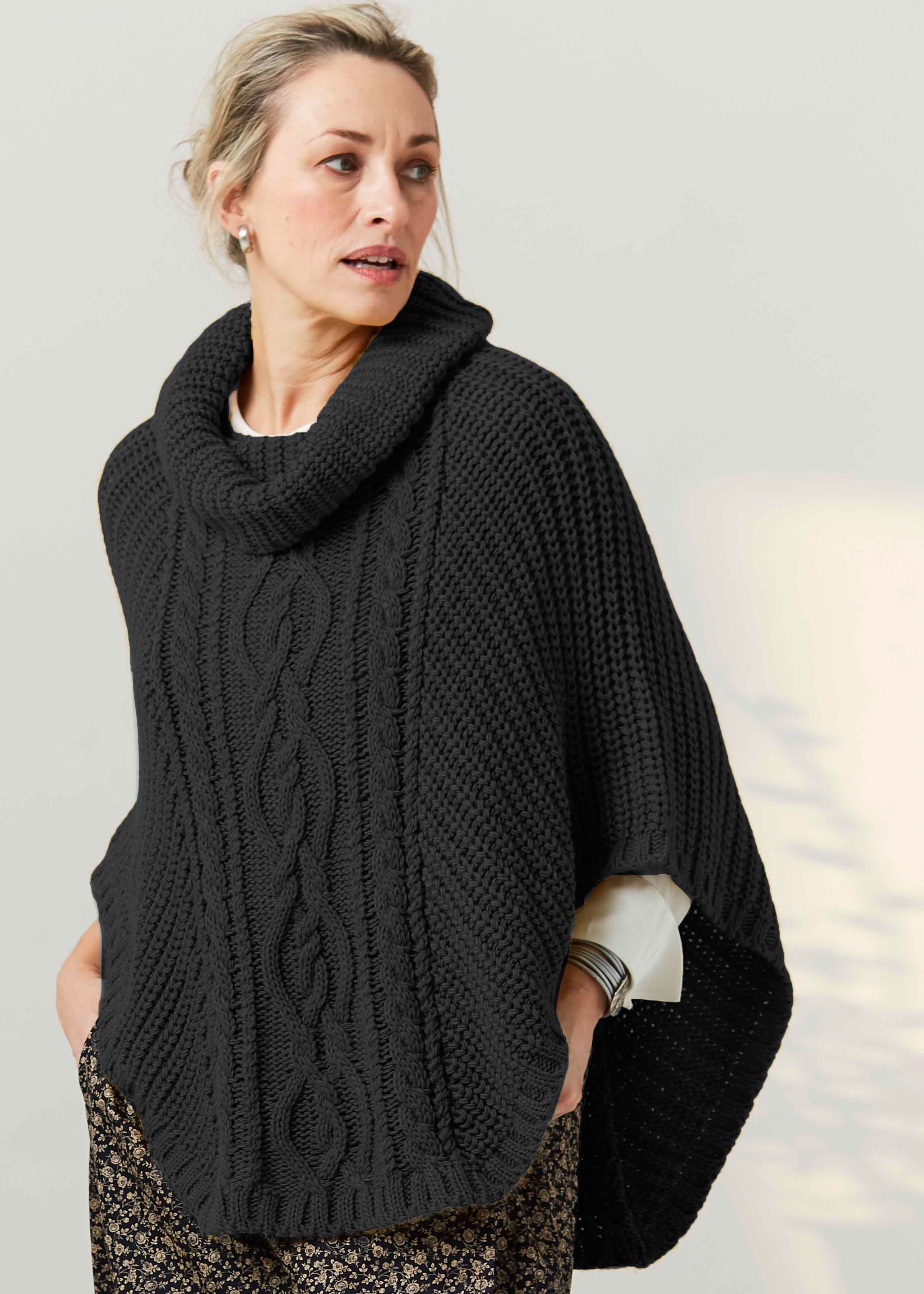 Blanche Cable Knit Poncho | Roll Neck | Grey | The Able Label