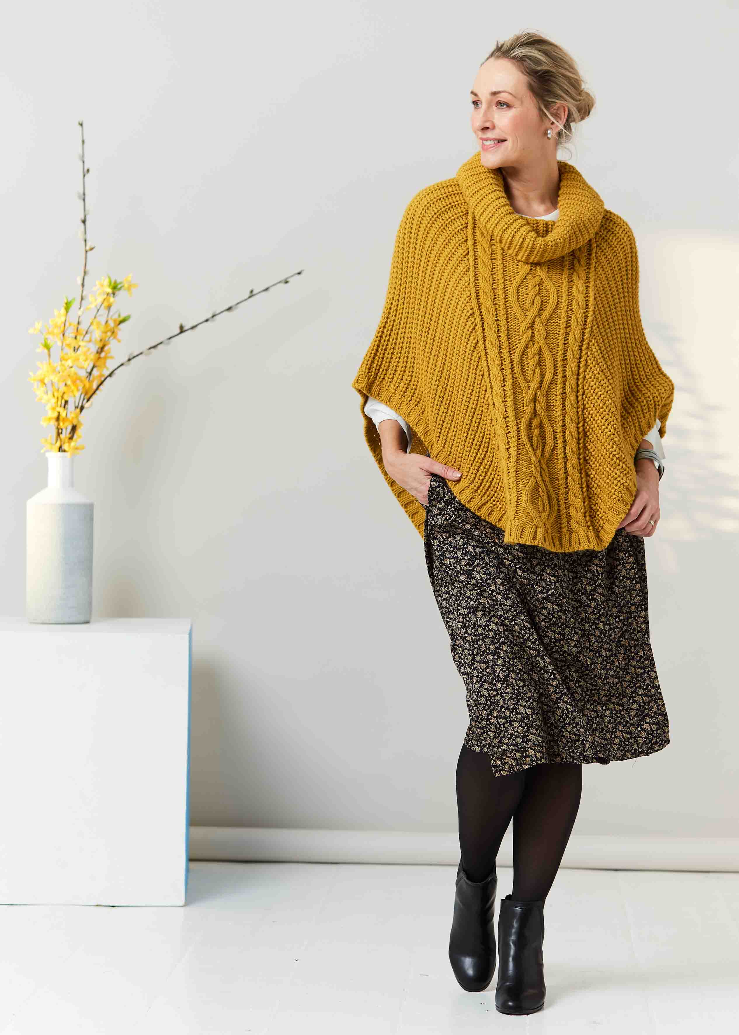 Blanche Cable Knit Poncho | Roll Neck | Mustard | The Able Label
