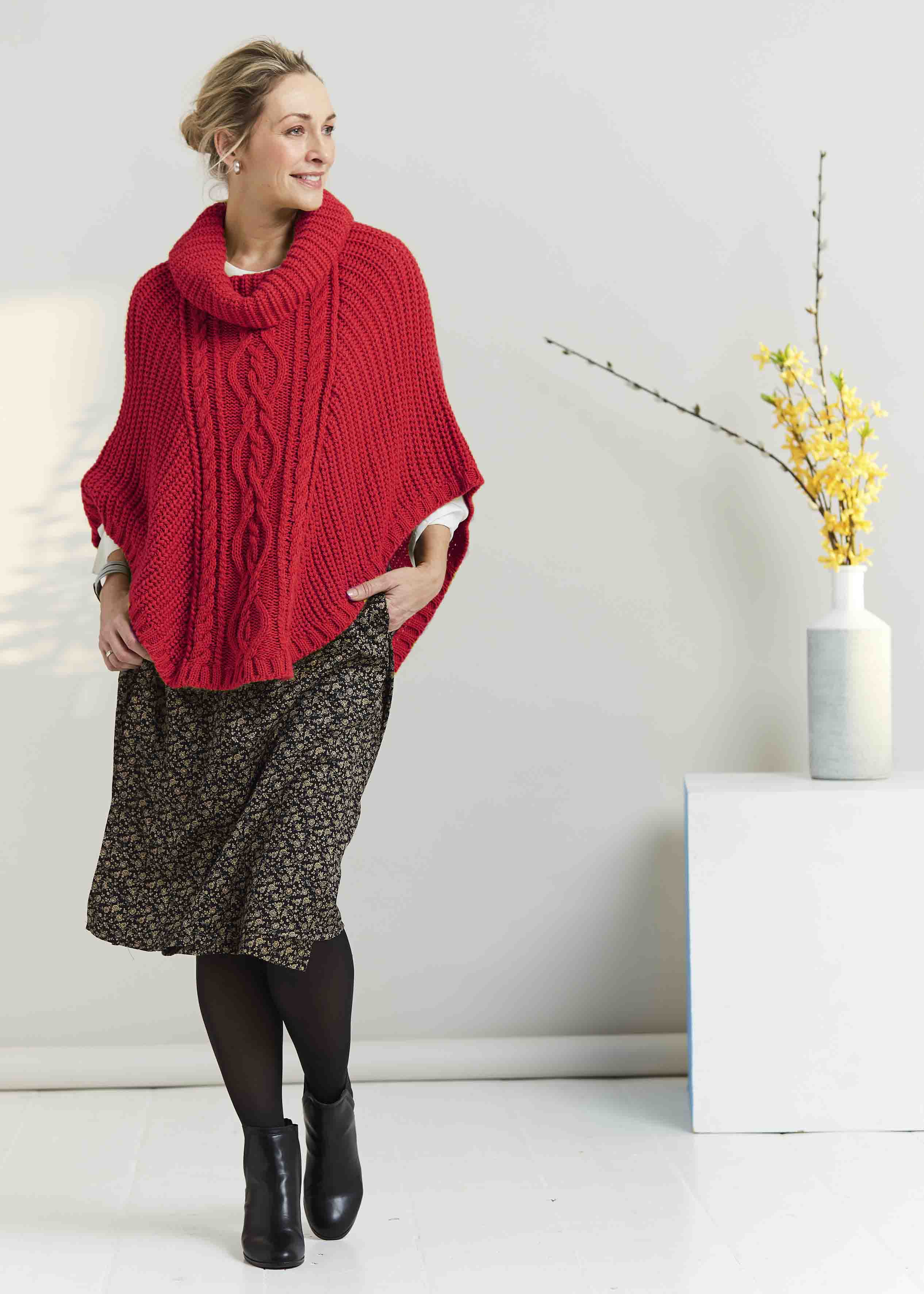 Blanche Cable Knit Poncho | Roll Neck | Berry Red | The Able Label