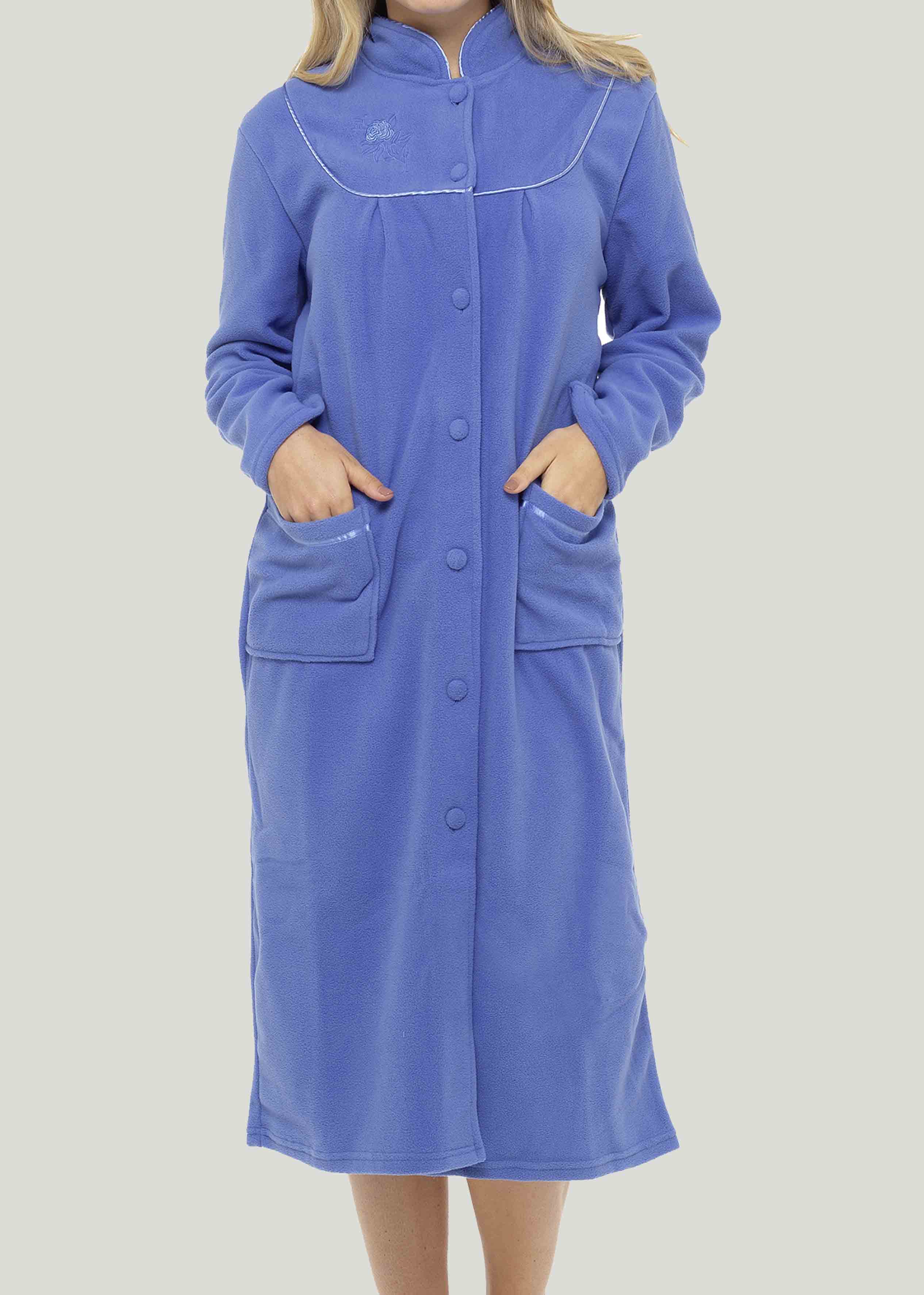 Fleece Robe Ladies Long Button Through Dressing Gowns Women's Givoni Navy Blue Luxury Mid Length Button Fleece Robe Ladies Long Button Through Dressing Gowns Women's Givoni Navy Blue Luxury Mid Length Button