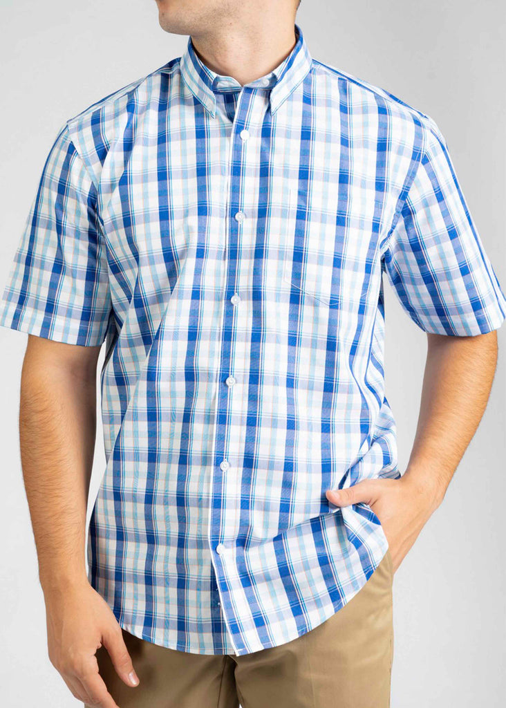 Harvey Short Sleeve Check Shirt Front Velcro Fastening - Blue - The Able Label