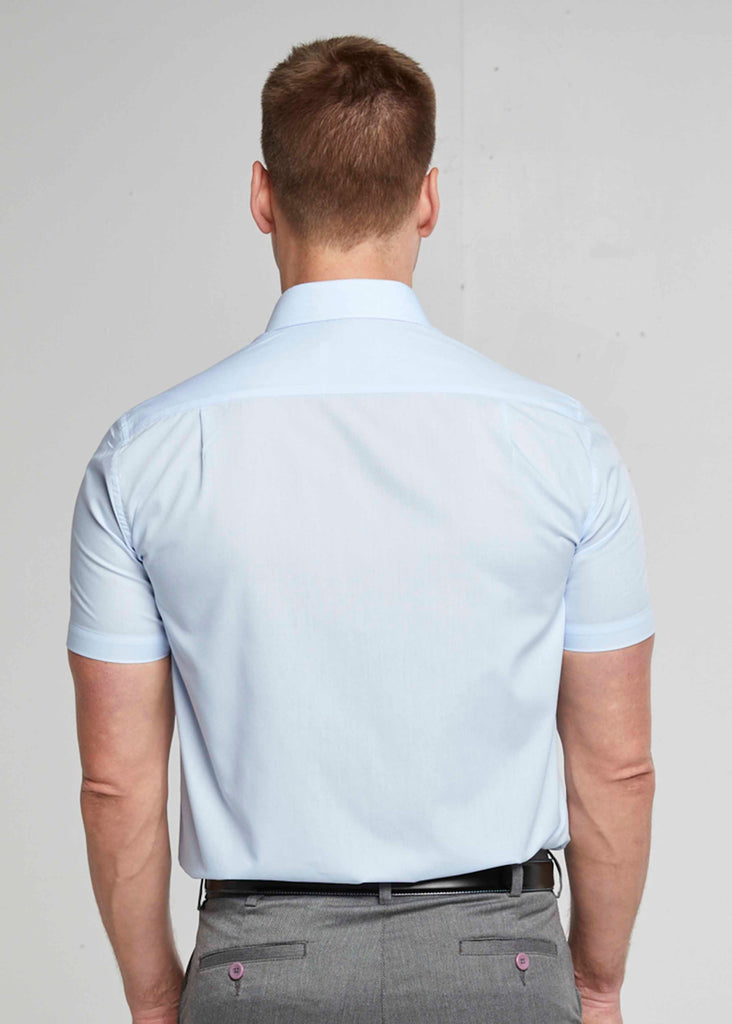 Hughey Short Sleeve Classic Fit Non Iron Velcro Shirt Blue - Back view - The Able Label