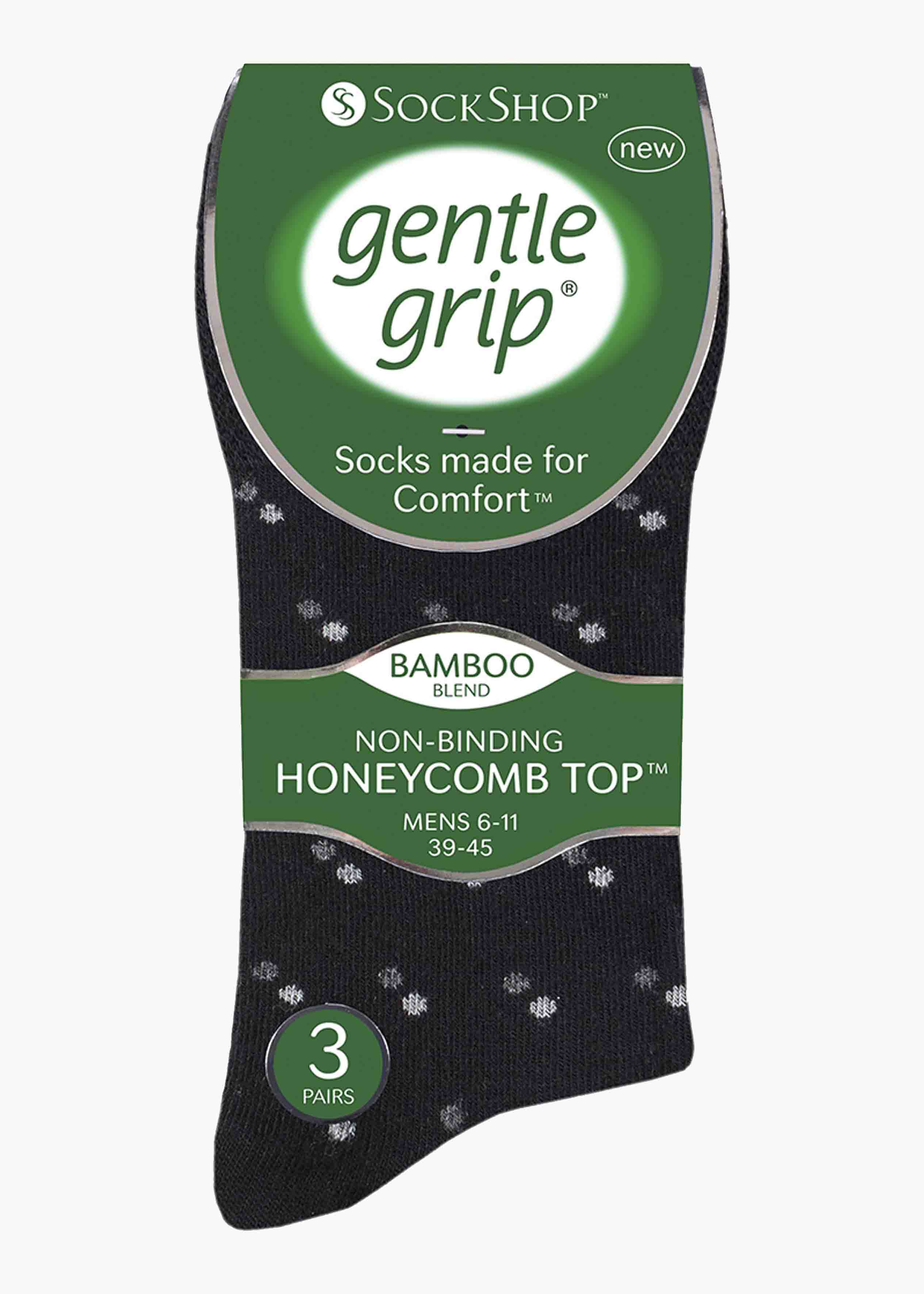 Bamboo Mens Gentle Grip Black Patterned Socks 3 Pair Pack Packaging - The Able Label