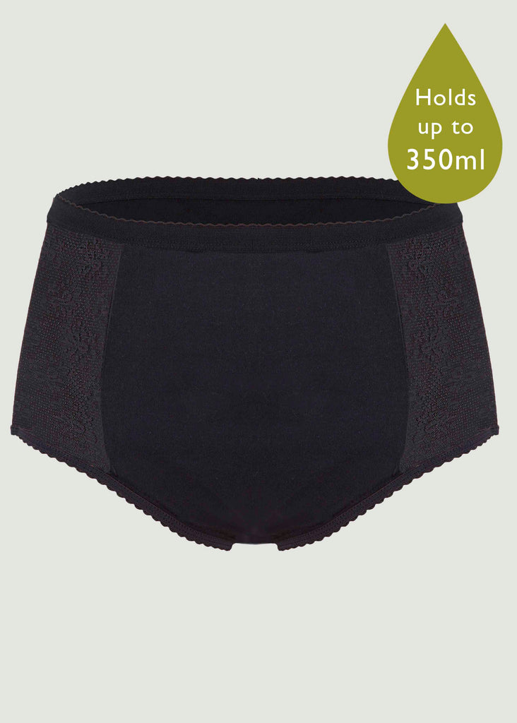 Super Absorben Washable Full Brief Knickers Black Lace - Front view - The Able Label