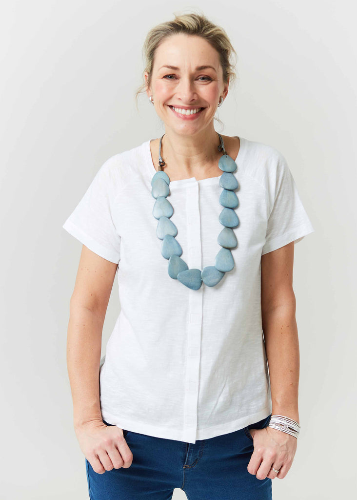 Tabatha White Cotton Short Sleeve Velcro Tee paired with a botanic seaspray necklace- The Able Label
