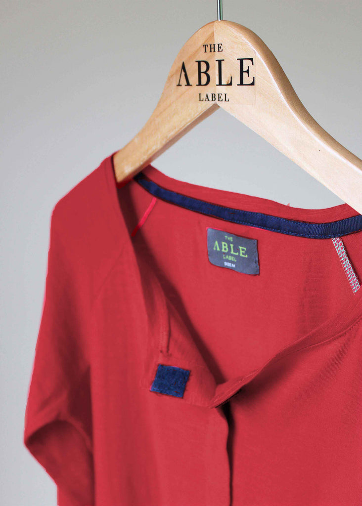 Hibiscus Red Cotton Jersey Long Sleeve Front Opening Velcro Tee - The Able Label