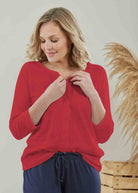 Hibiscus Red Cotton Long Sleeve Velcro Tee paired with Natalia Trouser Navy - The Able Label