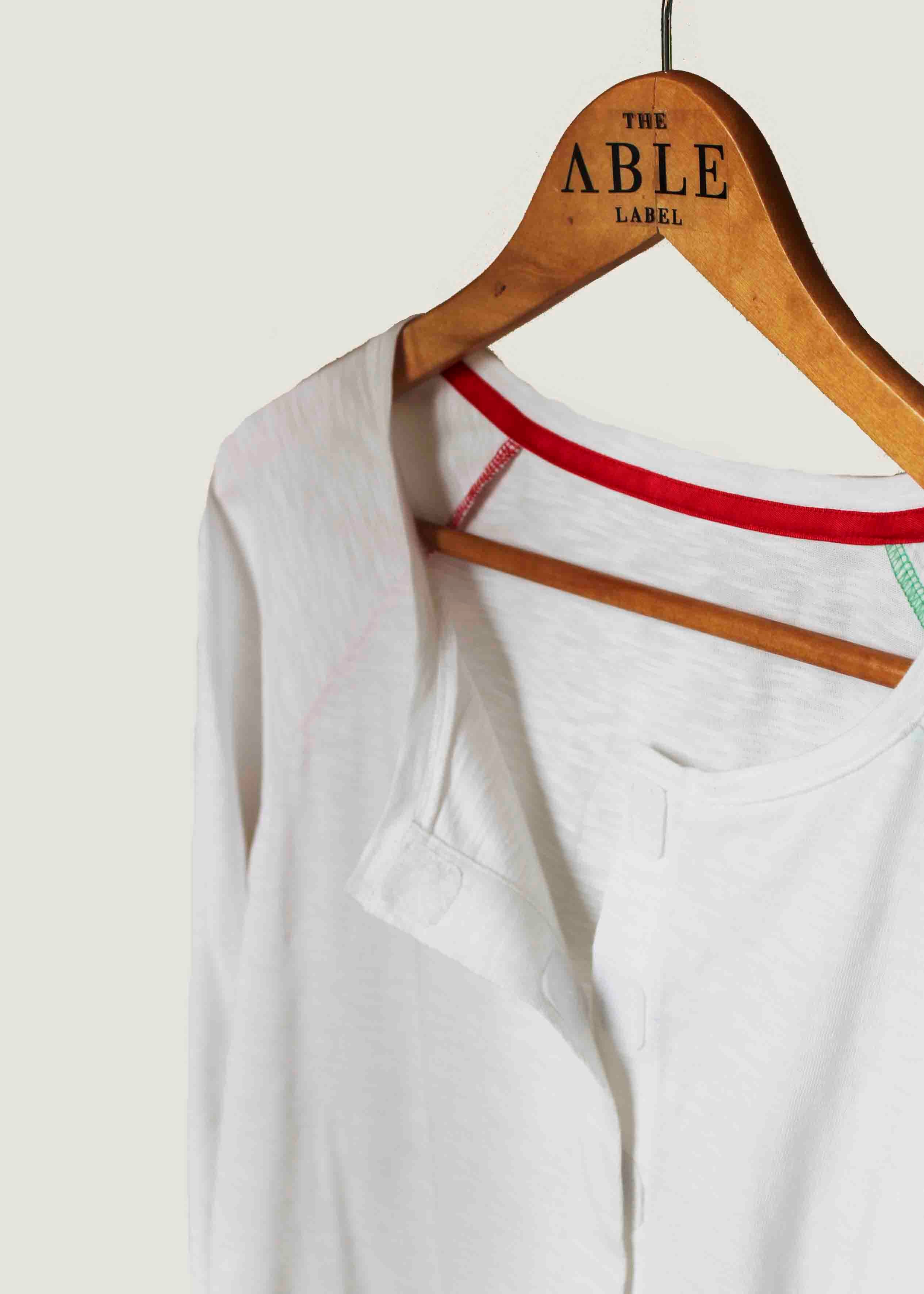 White Cotton Jersey Long Sleeve Front Opening Velcro Tee - The Able Label